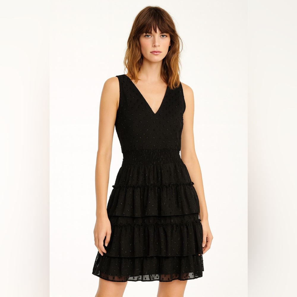 1. State Black Ruffle style with tiered mini dress.